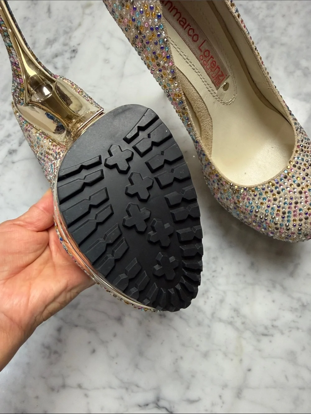 Gianmarco Lorenzi Discoball Gold Swarovski Crystal Platform Stiletto Size 11